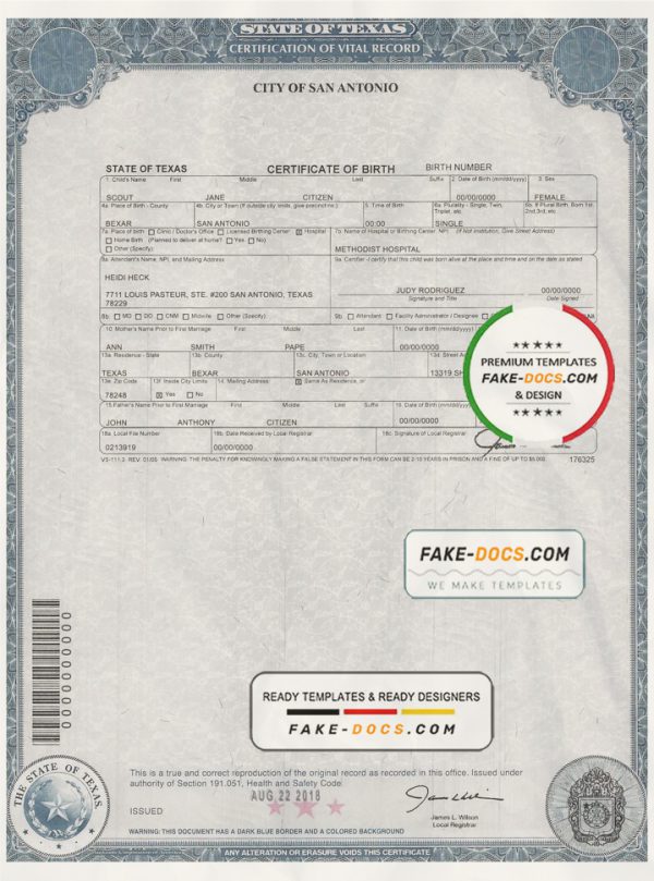 USA Texas state birth certificate template in PSD format, fully editable scan
