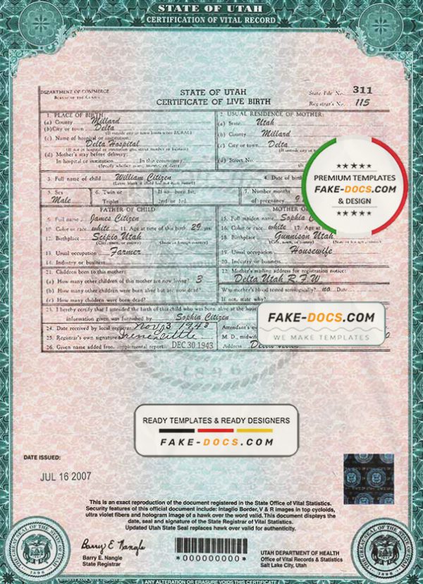 USA Utah state birth certificate template in PSD format, fully editable scan