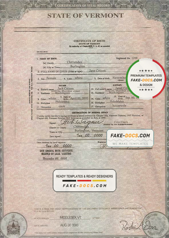 USA Vermont state birth certificate template in PSD format, fully editable scan