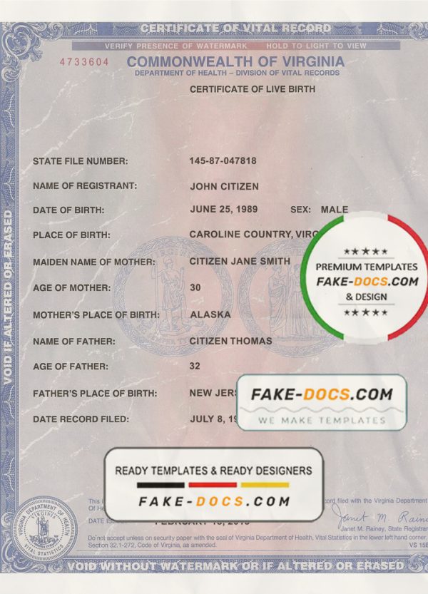 USA Virginia state birth certificate template in PSD format, fully editable scan