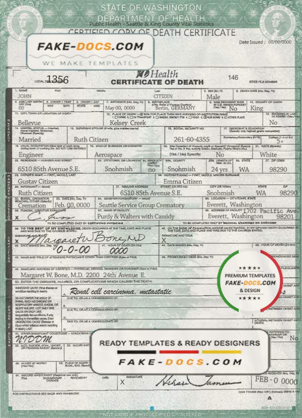 USA Washington state death certificate template in PSD format, fully editable, version 2 scan