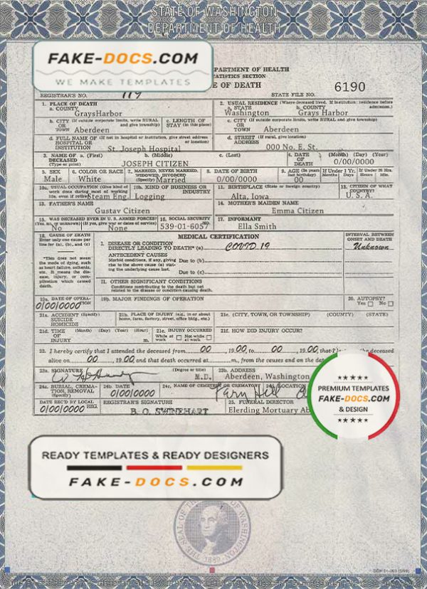 USA Washington state death certificate template in PSD format, fully editable scan