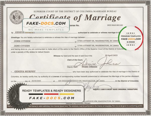 USA Washington district of Columbia marriage certificate template in PSD format scan