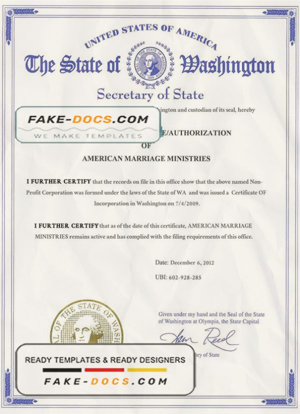 USA Washington state marriage certificate template in PSD format scna