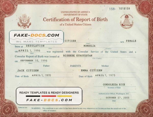 USA certification of report of birth Washington certificate template in PSD format, fully editable scan