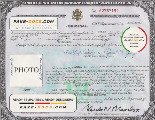 USA Citizenship certificate template in PSD format scan