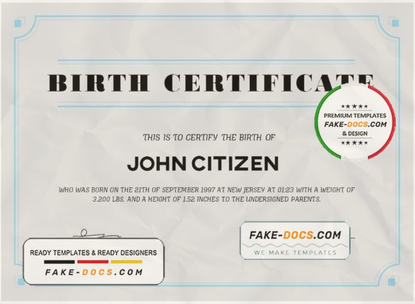 USA Birth Certificate template in Word and PDF format scan