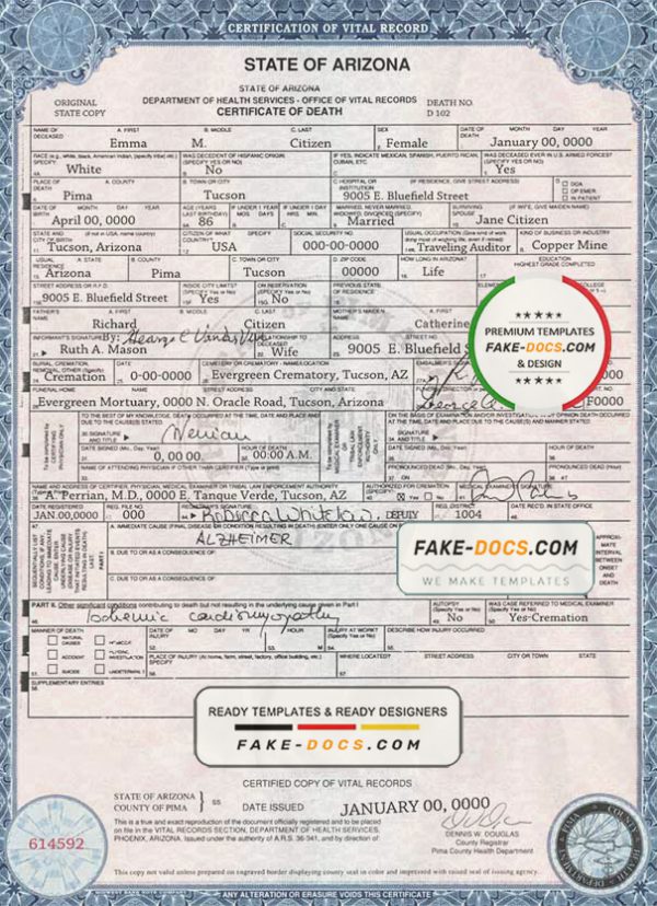 USA state Arizona death certificate template in PSD format, fully editable scan