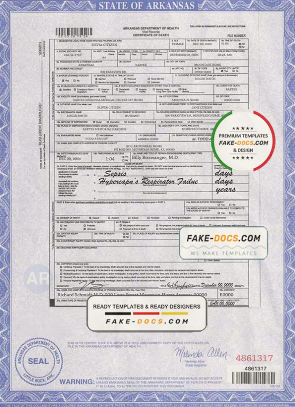 USA state Arkansas death certificate template in PSD format, fully editable scan