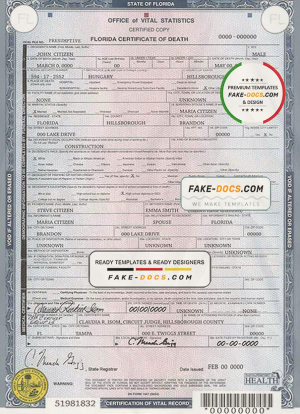 USA state Florida death certificate template in PSD format, fully editable scan