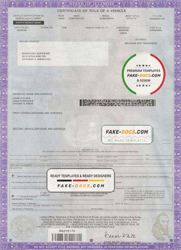 USA state Illinois certificate of title of a vehicle template in PSD format, fully editable scan