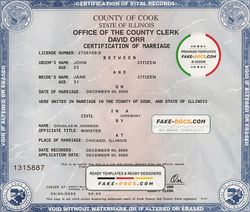USA state Illinois marriage certificate template in PSD format, fully editable Scan