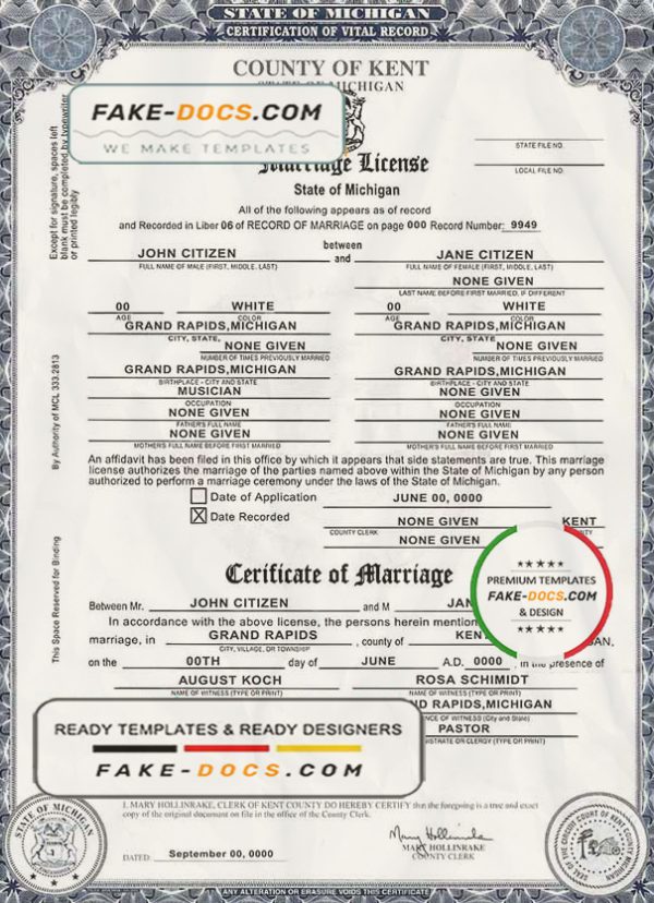 USA state Michigan Kent County marriage certificate template in PSD format, fully editable, version 2 scan