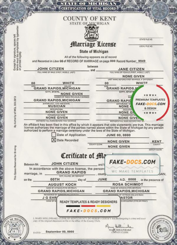 USA state Michigan Kent County marriage certificate template in PSD format, fully editable scan