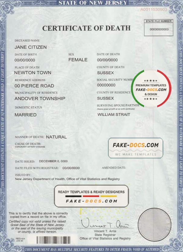 USA state New Jersey death certificate template in PSD format, fully editable scan