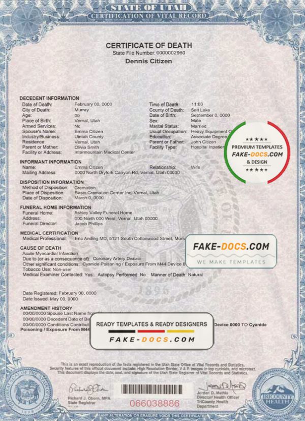 USA state Utah death certificate template in PSD format, fully editable scan