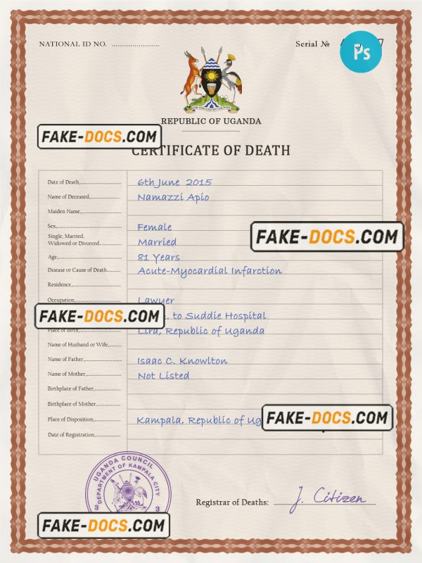 Uganda vital record death certificate PSD template, fully editable scan