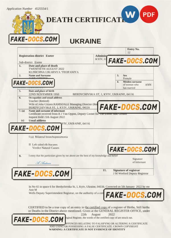 Ukraine death certificate Word and PDF template, completely editable scan