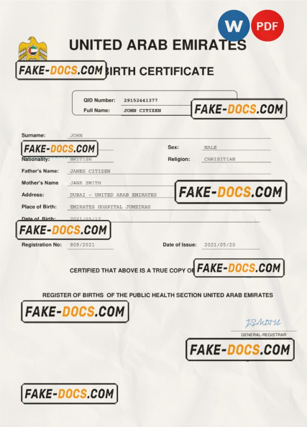 United Arab Emirates vital record birth certificate Word and PDF template, completely editable scan