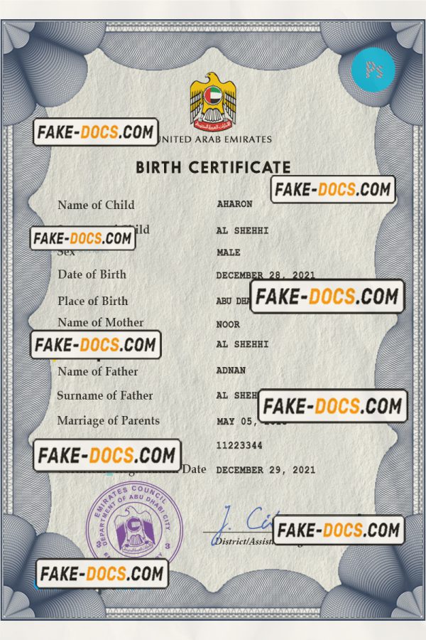 United Arab Emirates vital record birth certificate PSD template Scan