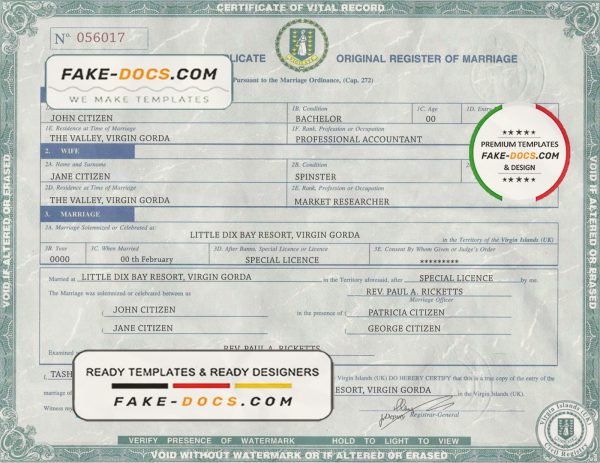 United Kingdom Virgin Islands marriage certificate template in PSD format scan