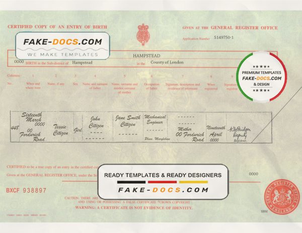 United Kingdom birth certificate template in PSD format, fully editable scan