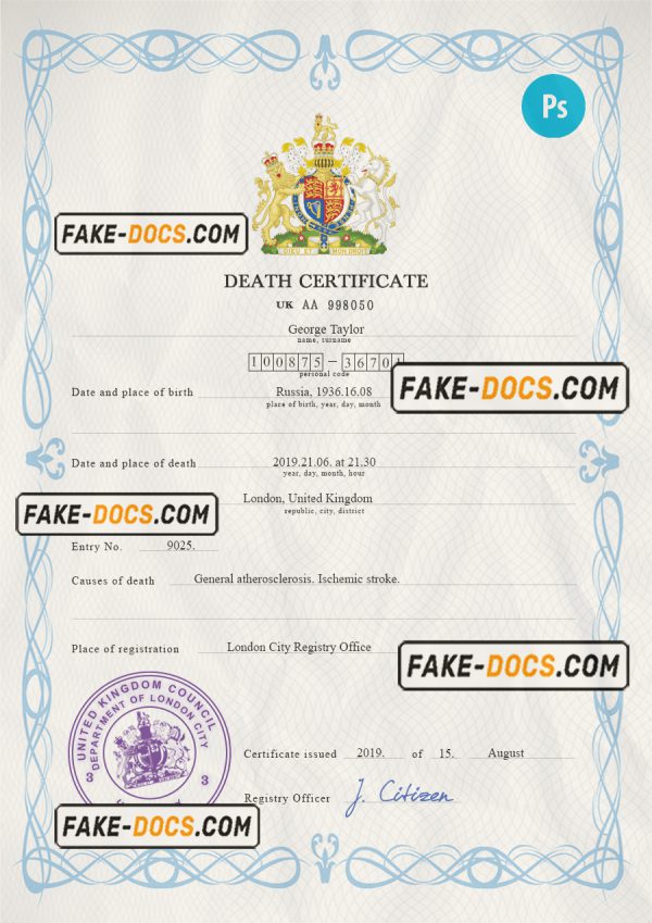 United Kingdom death certificate PSD template, completely editable scan