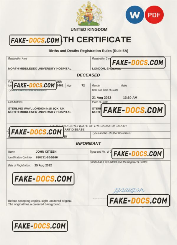 United Kingdom vital record death certificate Word and PDF template scan