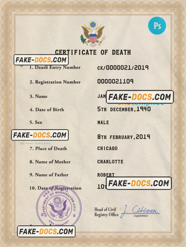 United States of America vital record death certificate PSD template scan