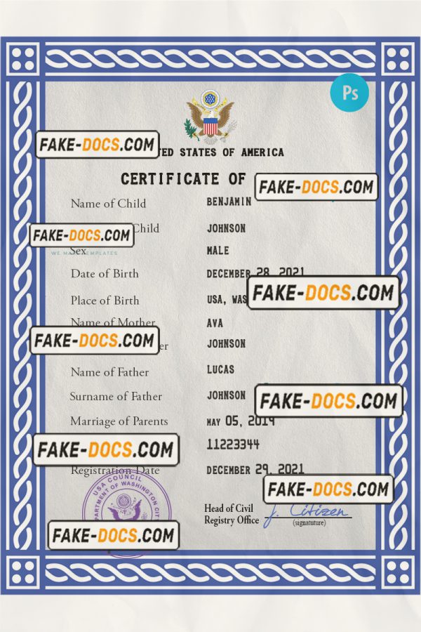 United States of America vital record birth certificate PSD template, fully editable scan