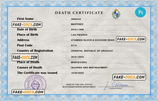 Uruguay vital record death certificate PSD template, fully editable scan