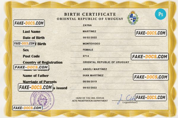 Uruguay vital record birth certificate PSD template scan