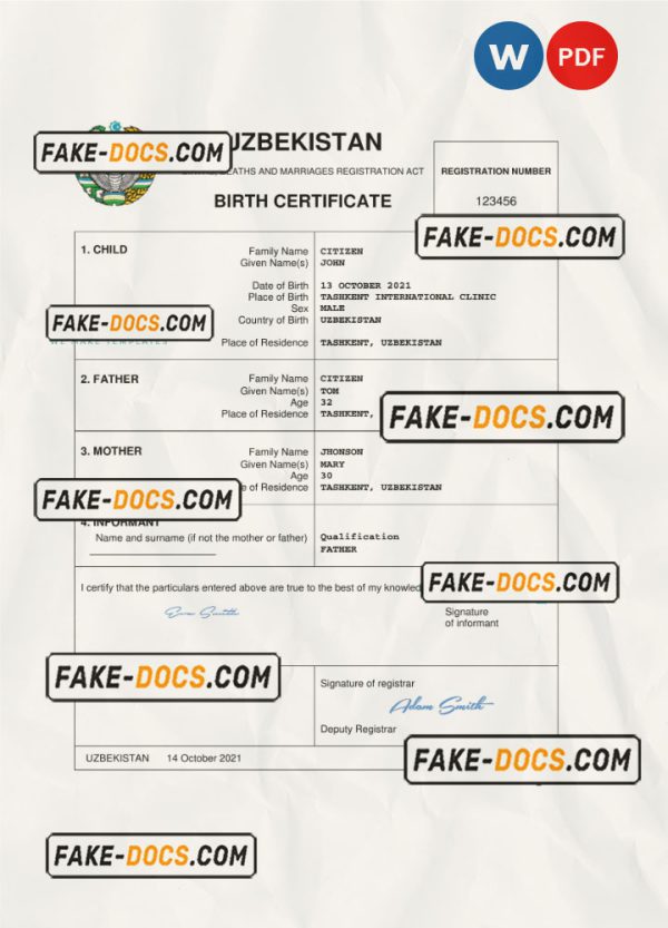 Uzbekistan vital record birth certificate Word and PDF template, completely editable scan