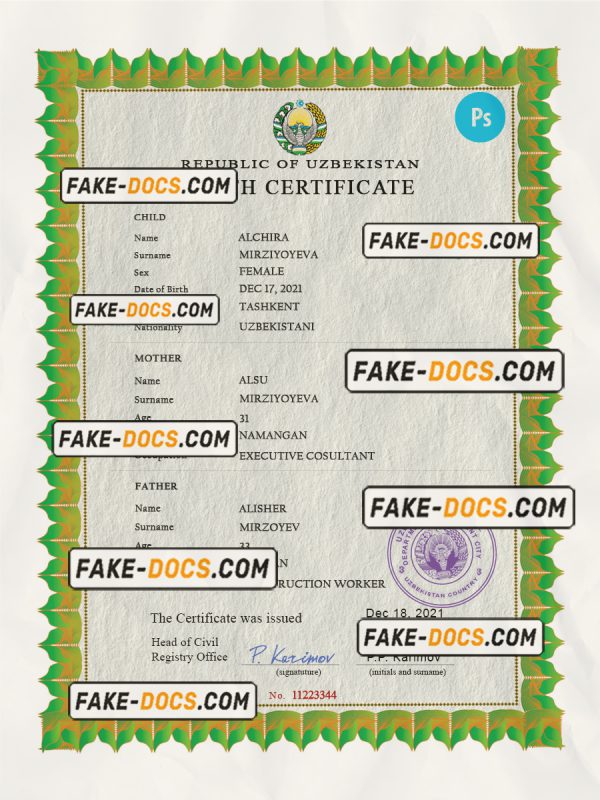 Uzbekistan birth certificate PSD template, completely editable scan