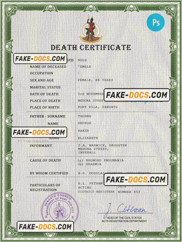 Vanuatu vital record death certificate PSD template, completely editable scan