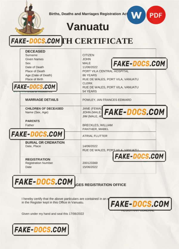 Vanuatu death certificate Word and PDF template, completely editable scan