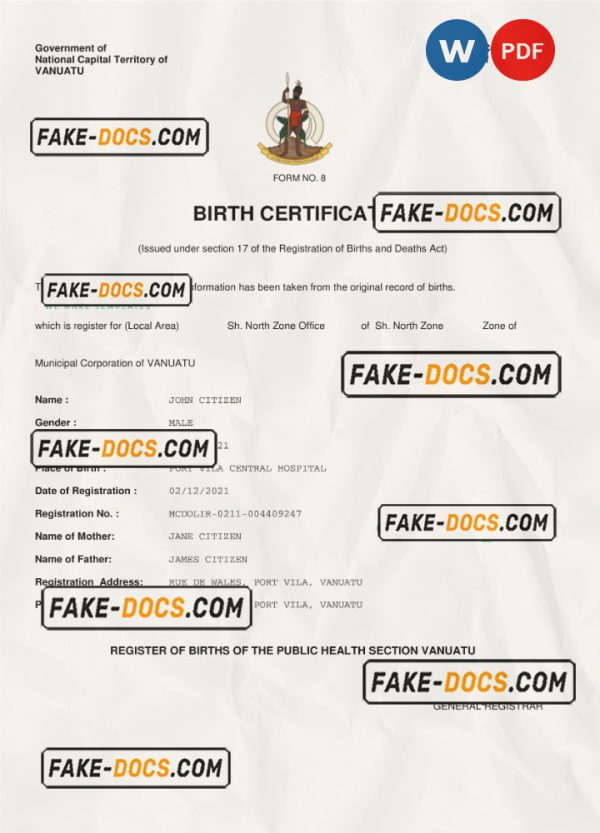 Vanuatu birth certificate Word and PDF template, completely editable scan