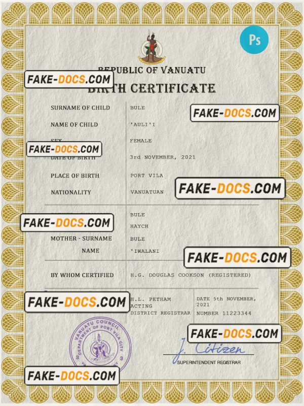 Vanuatu vital record birth certificate PSD template, fully editable scan