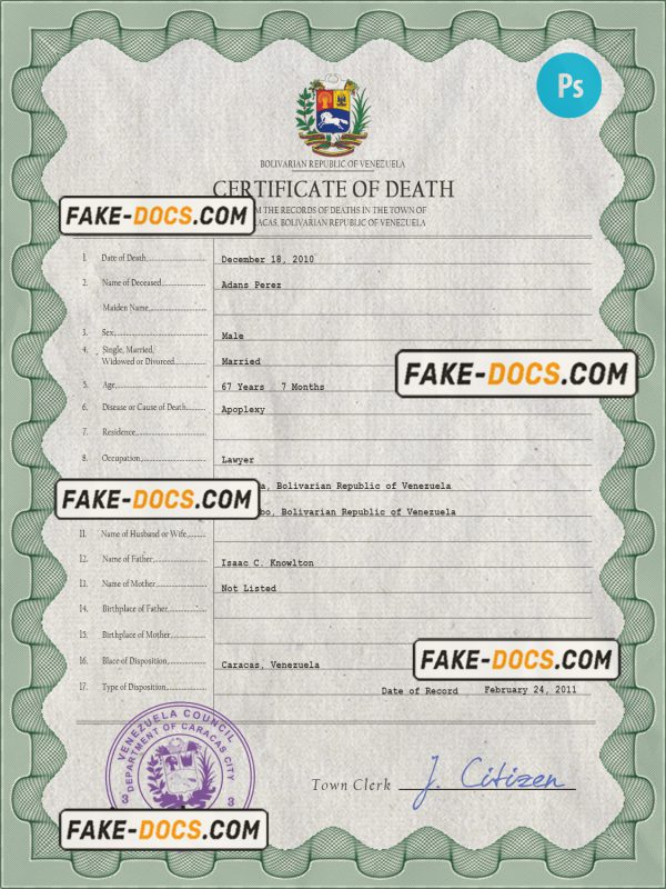 Venezuela vital record death certificate PSD template, fully editable scan