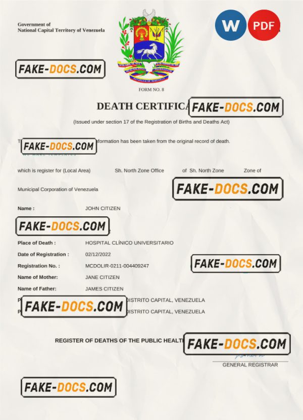 Venezuela vital record death certificate Word and PDF template scan
