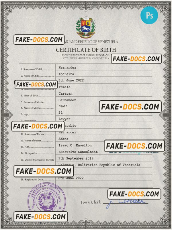Venezuela vital record birth certificate PSD template scan