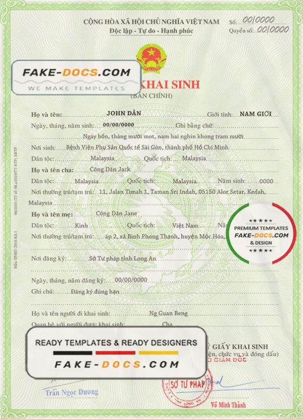 Vietnam birth certificate template in PSD format, fully editable scan