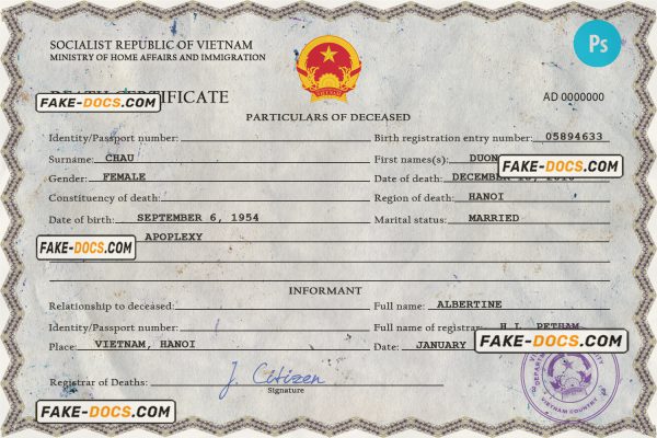 Vietnam death certificate PSD template, completely editable scan