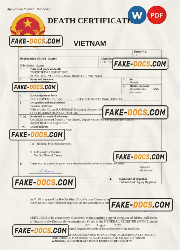 Vietnam vital record death certificate Word and PDF template SCAN