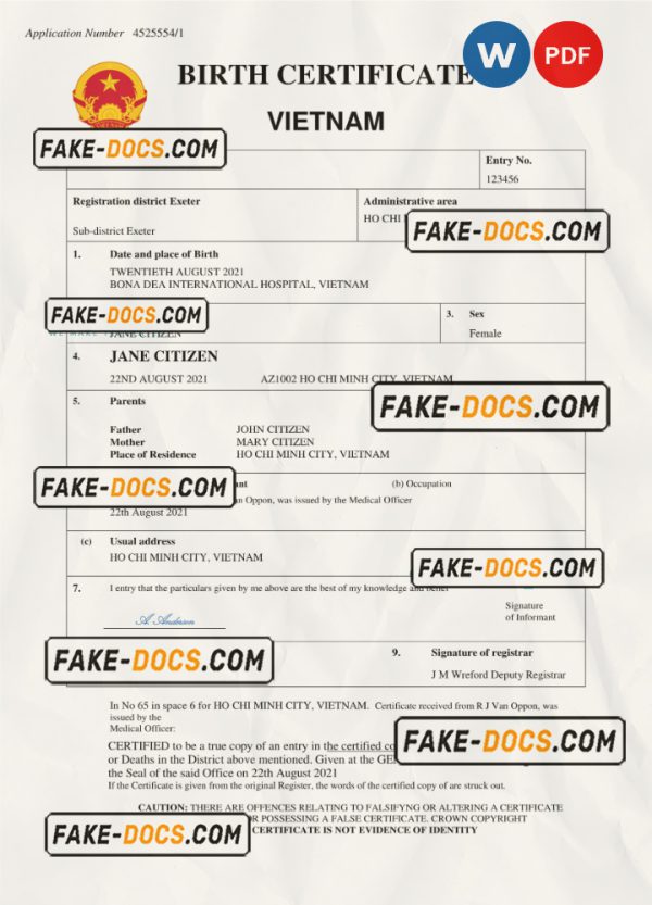 Vietnam birth certificate Word and PDF template, completely editable scan