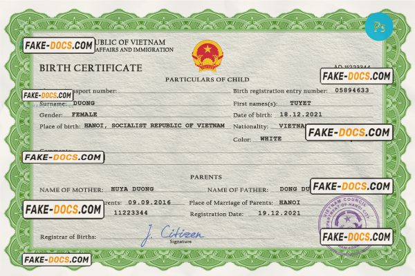 Vietnam birth certificate PSD template, completely editable scan