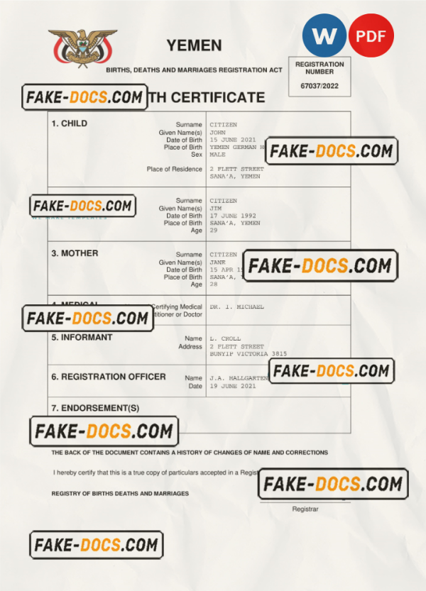Yemen vital record birth certificate Word and PDF template, completely editable scan