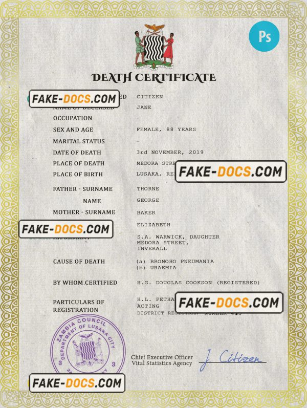 Zambia vital record death certificate PSD template scan