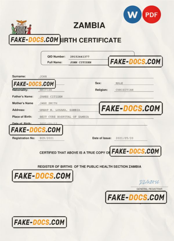 Zambia birth certificate Word and PDF template, completely editable scan