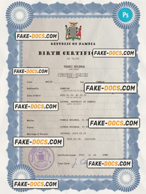 Zambia vital record birth certificate PSD template scan